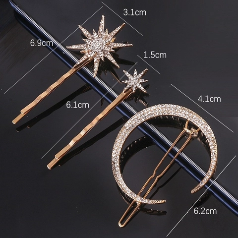 Barrettes À Cheveux Géométriques Vintage Lune Étoile Soleil Alliage Strass Épingles À Cheveux Brillantes Pour Femmes Style Coréen Coiffe Élégante