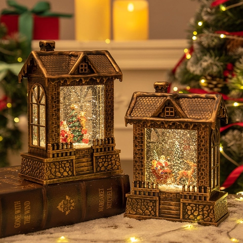 Christmas Snow Globe Lantern House Shaped Retro LED Night Light Rotating Glitter Liquid Bronze Finish Xmas Decor