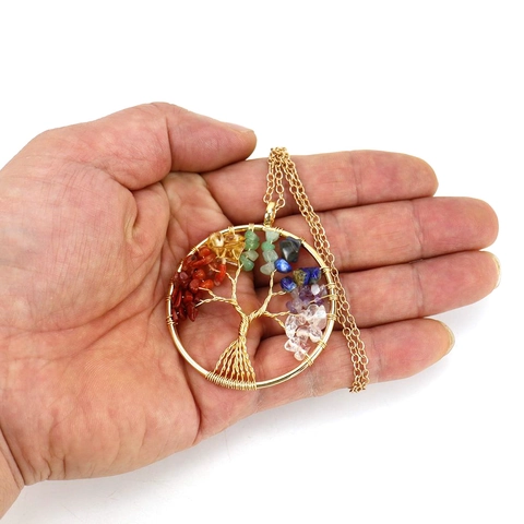 Tree Of Life Pendant Necklace Handmade Copper Wire Wrapped Natural Crystal Chips Gemstone Jewelry For Women