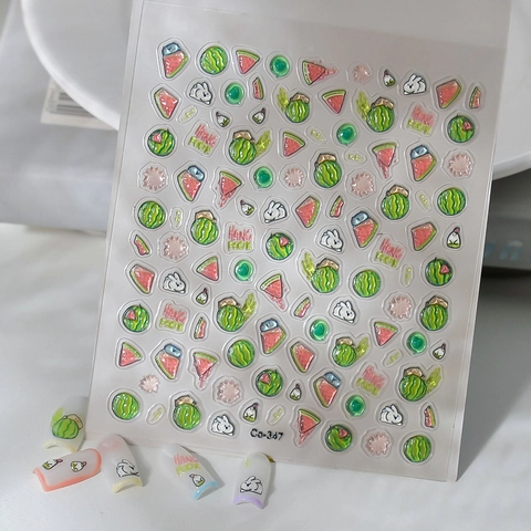 5D Relief Nail Art Stickers Cute Watermelon Rabbit Fruit Embossed Waterproof Self-Adhesive Decals Summer Cartoon Decoration