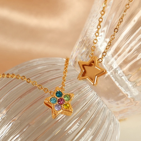 Stainless Steel Pendant Necklace Multi Color Rhinestone Heart Star Moon Clover Cross Chic Jewelry For Women