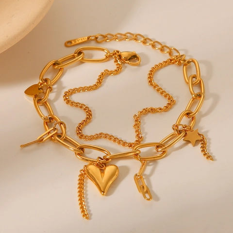 Bracciale Multistrato In Acciaio Inossidabile Placcato Oro 18K Pendenti Cuore Stella Gioielli Di Moda Donna