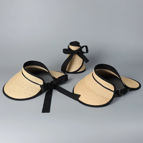 Visière Solaire En Paille De Raphia Pour Femmes Large Bord Pliable Respirant Chapeau De Plage Avec Nœud