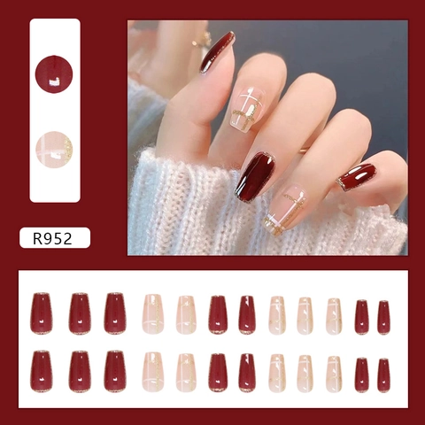 Deep Wine Red Press On Nails Vintage Plaid Pattern Gold Glitter Decor Coffin Shape Elegant Wearable Fake Nails