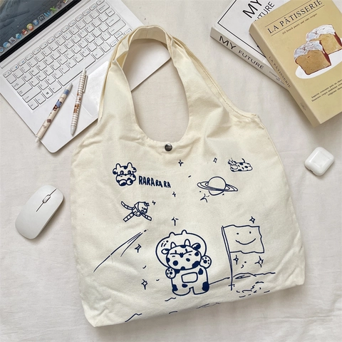 Canvas Tote Bag Damen Große Kapazität Schultertasche Mit Cartoon Weltraum Kuh Planeten Print Lässig Ästhetisch Student