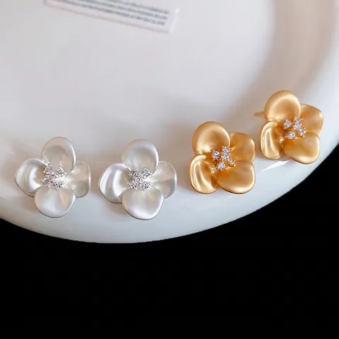 Elegant Flower Stud Earrings Copper Zircon Inlay Matte Finish With 925 Sterling Silver Earring Post Minimalist Women