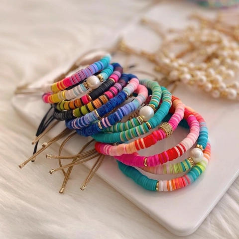 Bohemien Bunter Polymer Ton Heishi Perlen Armband Mit Süßwasserperle Und Vergoldeten Messingperlen Verstellbares Gewebtes Seil Für Damen