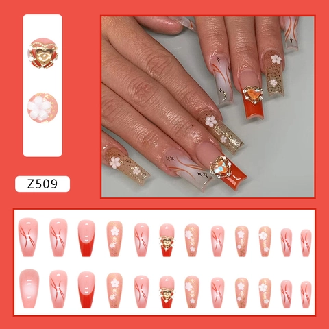 Kunstnagels Oranje Rood Jelly Ballerina Hart Rhinestone 3D Bloem Gradiënt Franse Stijl Voor Vrouwen