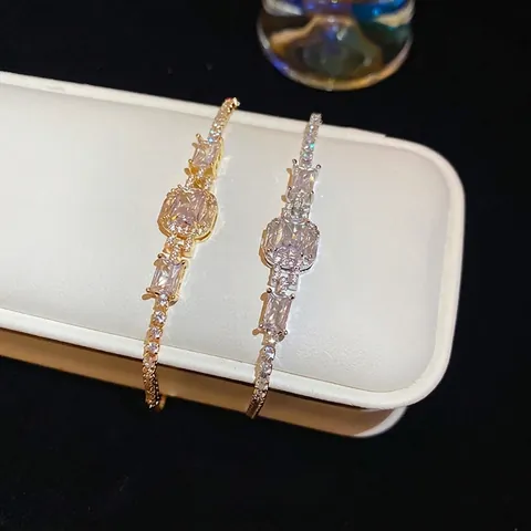 Luxury Square Zircon Copper Bracelet For Women Adjustable Sliding Buckle High Grade Emerald Cut Cubic Zirconia Jewelry