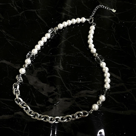 Collana In Acciaio Al Titanio Giunzione Perla Artificiale Bianca Cristallo Quadrato Trasparente Catena Lusso Stile Hip Hop Per Donne Uomini