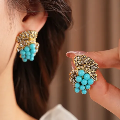 Vintage Trauben Cluster Ohrstecker Mit Silber Ohrstecker Legierung Blatt Strass Blaue Perlen Retro Schmuck Für Frauen
