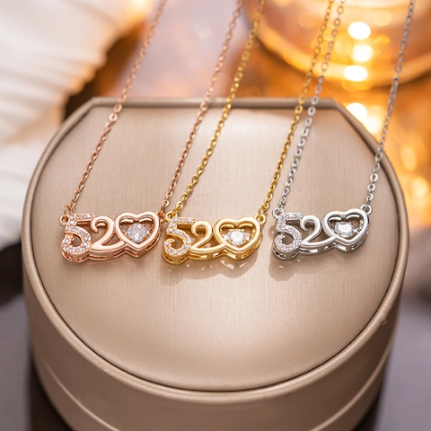 Titaniumstaal 520 Hart Hanger Ketting Voor Vrouwen Romantische Watergolfketting Met Strass Ingelegd Sieraden Cadeau