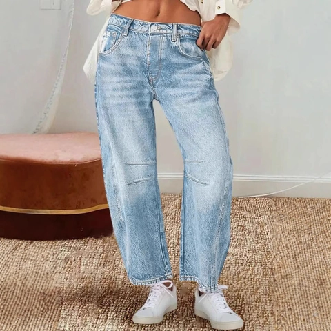 Damen High Waisted Wide Leg Denim Jeans Loose Fit Retro Gerade Gebogene Lange Hose Streetwear Baumwollmischung