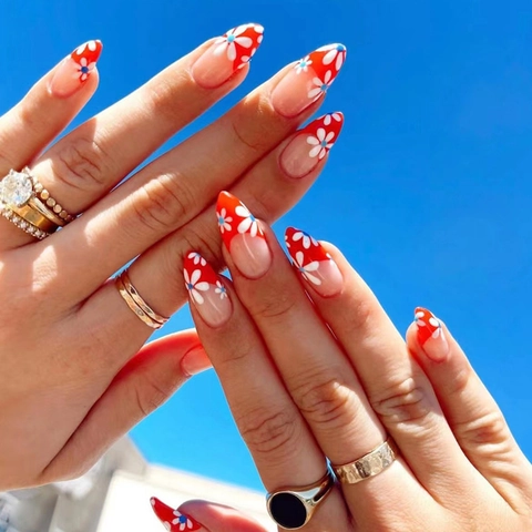 Plastic Red French Tip Almond Press On Nails With White Daisy Flower Pattern Elegant Summer Style Fake Nails For Women