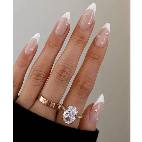 Faux Ongles à Presser Amande Français Blanc Avec Perles Artificielles et Strass Ongles Minimalistes Élégants pour Femmes