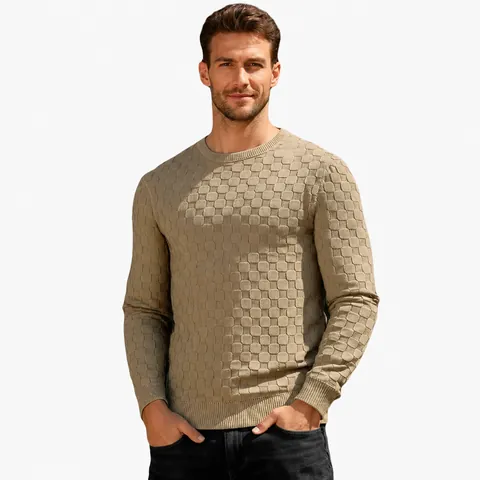 Sudadera Para Hombre Cuello Redondo Manga Larga Pullover Jacquard Tablero Textura Gofre Punto Urban Casual Tops