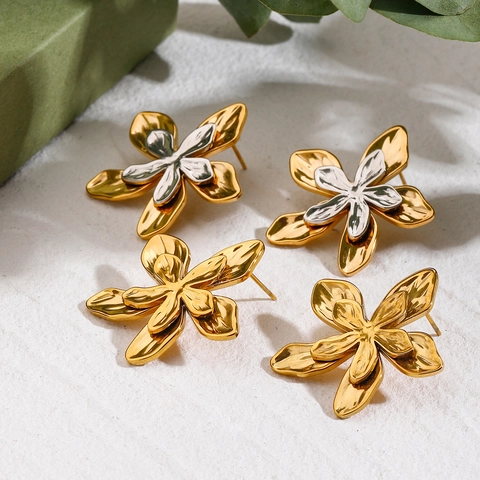 Flower Stud Earrings Stainless Steel Gold Silver Dual Tone Hammered Texture Vacation Fashion Jewelry For Women