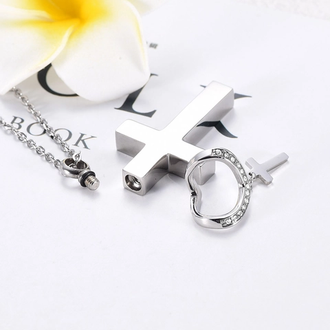 Cross Cremation Urn Necklace For Ashes Stainless Steel Heart Rhinestone Pendant Memorial Jewelry Multi Layer Polished