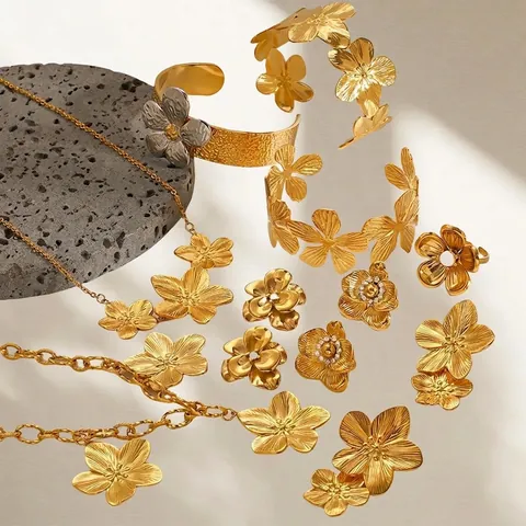 Floral Stainless Steel Jewelry Gold Plated Waterproof Flower Necklace Earrings Bracelet Ring For Women Elegant Hypoallergenic