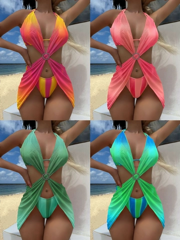 Bikini Halter Y Pareo Malla Rayas Degradadas Hebilla Corazón Pedrería Transpirable Beachwear Ropa De Verano