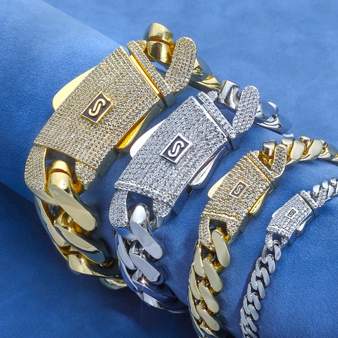 Hip Hop Cuban Gliederkette Armband Iced Out Kupfer Zirkon Verschluss Modeschmuck Für Herren Unisex