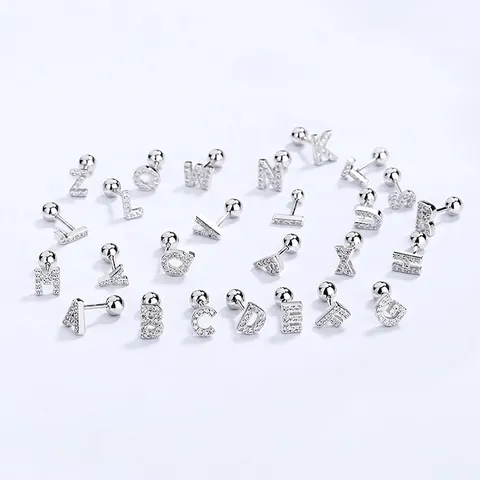 925 Sterling Silver Initial Letter Stud Earrings For Women Tiny Alphabet Zirconia Helix Piercing Jewelry Minimalist Earrings