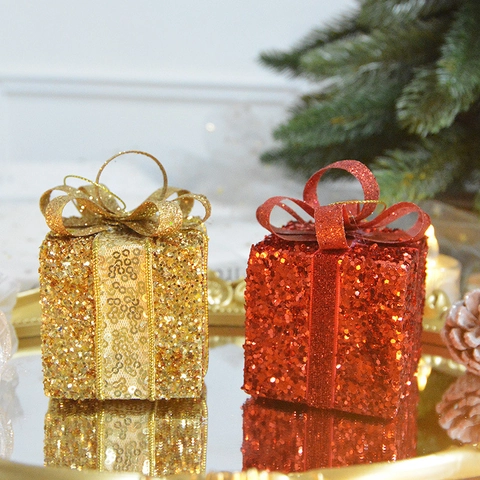 Christmas Tree Hanging Ornaments Glitter Gift Box Decorations With Ribbon Bow Shiny Festive Holiday Party Home Decor