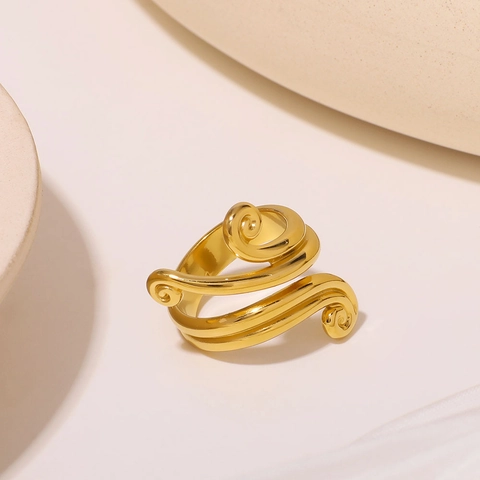Stainless Steel Ring Geometric Irregular Curved Line Asymmetric Swirl Open Adjustable Waterproof Anti Allergic Jewelry