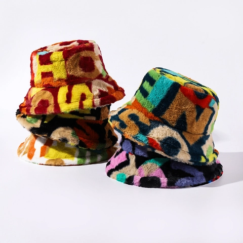 Bob En Fausse Fourrure Pour Femmes Hommes Imprimé Lettres Colorées Peluche Color Block Streetwear Hip Hop Hiver Chaud