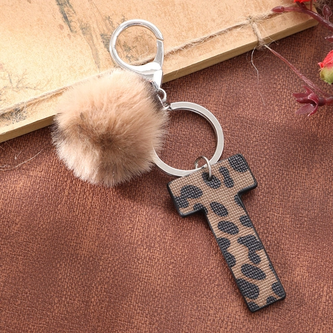 Western Cowboy Leopard Print Leather Alphabet Keychain With Brown Plush Pom-Pom Edge Oil Letter Pendant Keychain Bag Charm Women Accessory