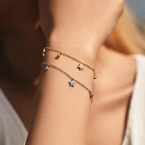 Bracciale In Argento Sterling 925 Con Ciondoli A Stella In Zircone Scintillante E Perline Tonde Gioielli Chic