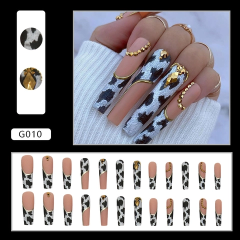 Unghie Finte Press On Motivo Mucca Strass Long Coffin Nails Rosa Nude Opaco Linea Metallo Dorato Moda Donna