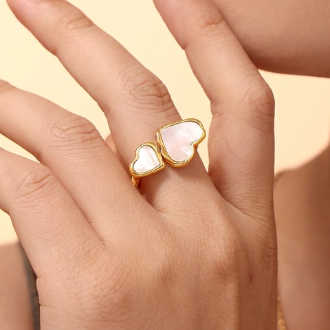 Anello Aperto in Acciaio Inossidabile da Donna Minimalista Doppio Cuore con Intarsio in Madreperla Anello Regolabile Gioielli Romantici Regalo