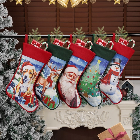 Christmas Stockings Polyester Cartoon Pattern Fireplace Hanging Gift Bags Holiday Tree Ornaments Cute Decorations