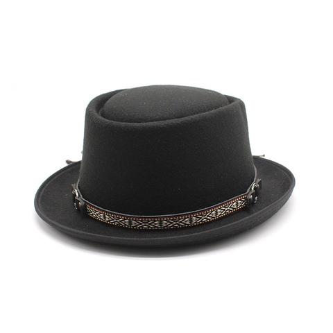 Vintage Wool Felt Pork Pie Hat With Ethnic Woven Band Leather Buckle Flat Top Boater Hat For Men And Women
