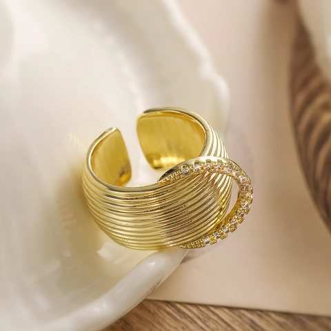 Vintage Breiter Ring Kupfer 18K Vergoldet Zirkon Geometrisch Verstellbar Offenes Design Mode Hip Hop Schmuck Für Damen