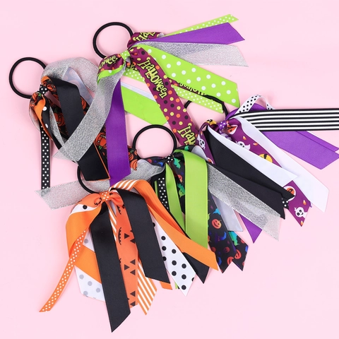 Kids Halloween Hair Ties Streamer Ribbon Bows Pumpkin Bat Ghost Patterned Elastic Ponytail Holders Girls Festival Accessories