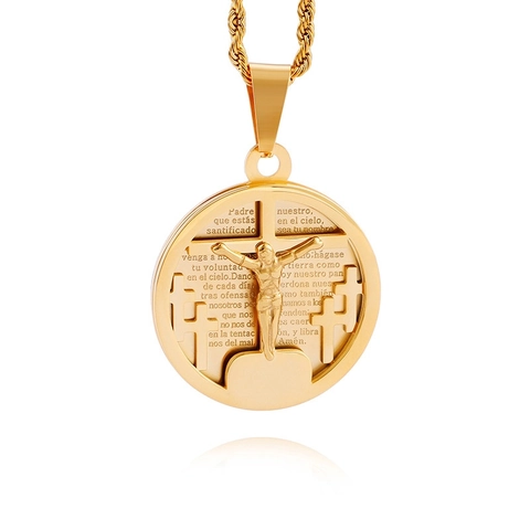 Roestvrijstalen Ronde Kruis Jezus Crucifix Hanger Ketting Spaans Onze Vader Bijbelvers Religieuze Hip Hop Sieraden