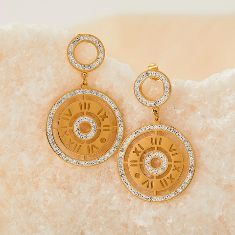 Stainless Steel Roman Numeral Clock Face Dangle Earrings For Women Rhinestone Hollow Round Drop Jewelry Gold Silver