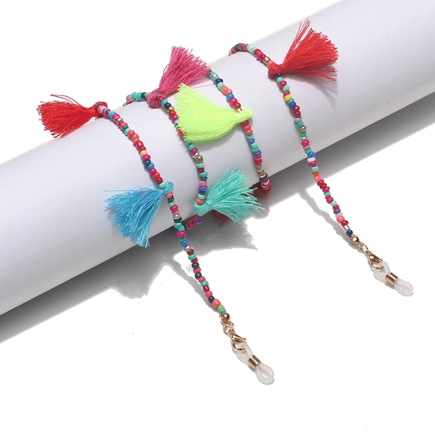 Glasses Chain Beaded Colorful Eyewear Lanyard With Cotton Tassels Non Slip Silicone Loops Handmade Bohemian Face Mask Strap