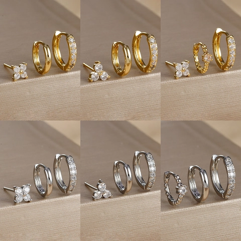 Copper Rhinestone Clover Geometric Hoop And Stud Earrings For Women Gold Silver Plated Small Dainty Jewelry Accessory