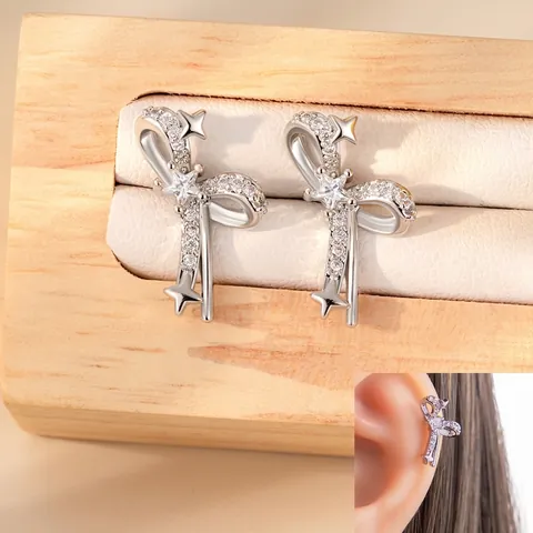 Schleife Stern Zirkon Knorpel Ohrstecker Mit Titanstahl Stab Doppelkopf Schraubgewinde Flache Rückseite Schmuck Damen