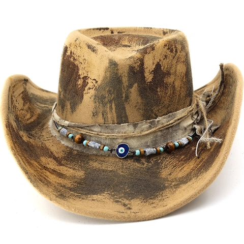 Western Cowboyhut Distressed Brandeffekt Breite Krempe Polyester Filzhut Sonnenschutz Retro Stil Mit Evil Eye Perlen