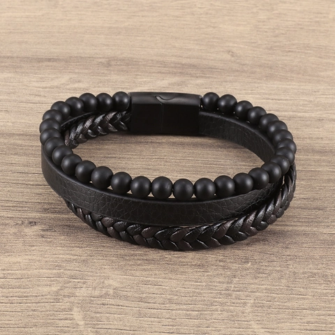 Pulsera Multicapa De Cuero Para Hombre Cuentas De Piedra Volcánica Natural Cierre Magnético Joyería Punk