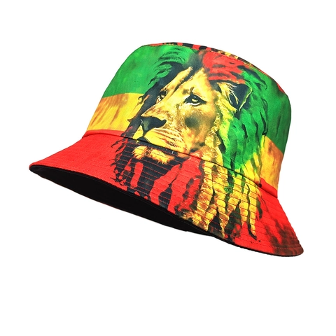 Cappello Da Pescatore Poliestere Stampa Testa Di Leone Strisce Rosso Giallo Verde Stile Reggae Rastafari