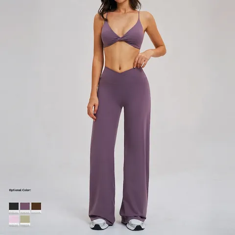 Women Activewear Spaghetti Strap Twist Front Sports Bra And V Cross High Waist Wide Leg Pants Moisture Wicking Yoga Outfit