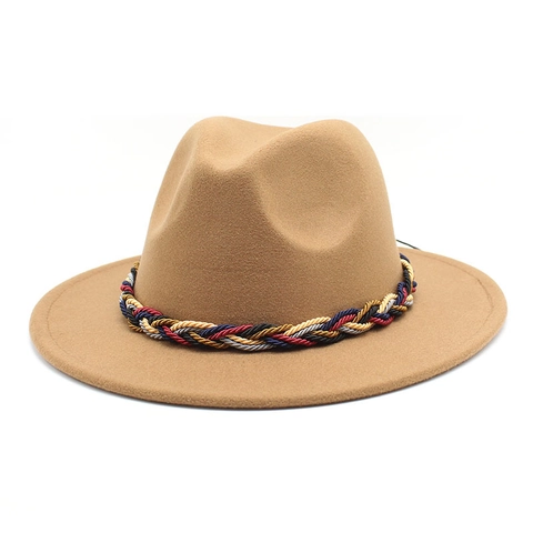 Fedora Hat Wide Brim Cotton Polyester Wool Felt Jazz Cap Colorful Braided Band Vintage British Style Women Men