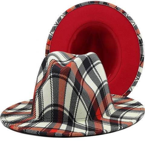 British Style Plaid Fedora Hat Woolen Felt Red Black White Color Block Wide Flat Brim Elegant Retro Jazz Hat For Men Women