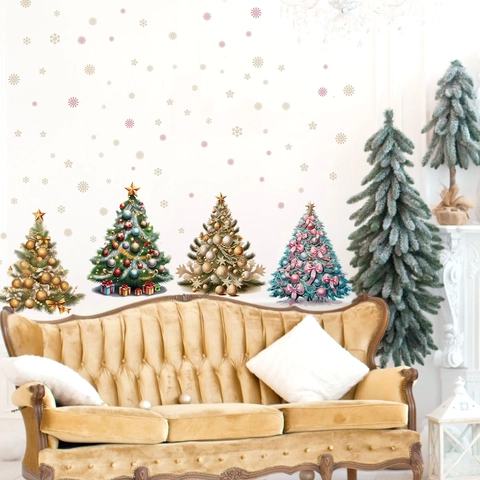 Christmas Tree Wall Stickers PVC Waterproof Removable Reusable Festive Snowflake Decals For Living Room Window Decor