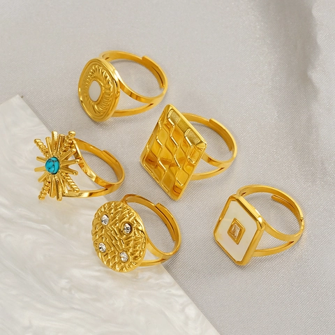 Adjustable Open Rings 18K Gold Plated Stainless Steel Vintage Geometric Hollow Out With Turquoise Shell Zircon For Women